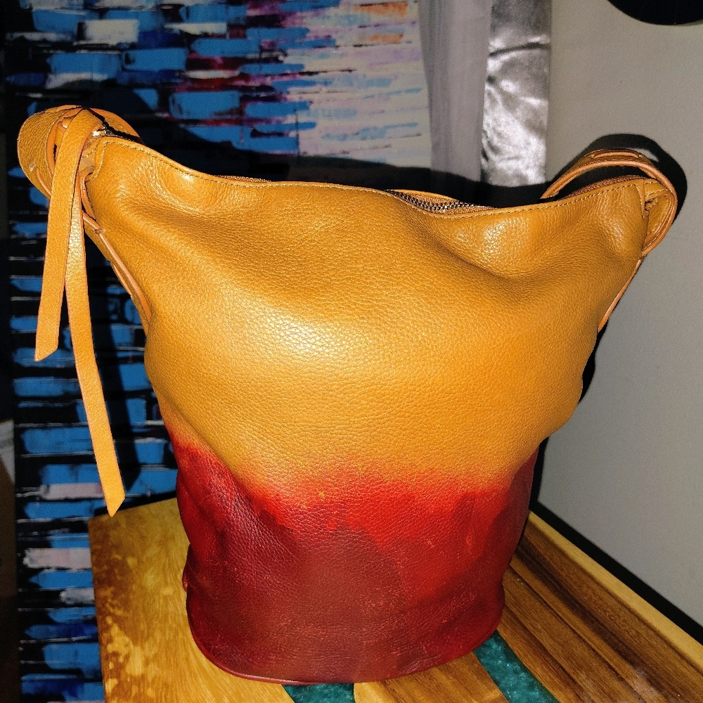 Kelsi Dagger Two-Tone Tan and Red Leather Hobo Bag